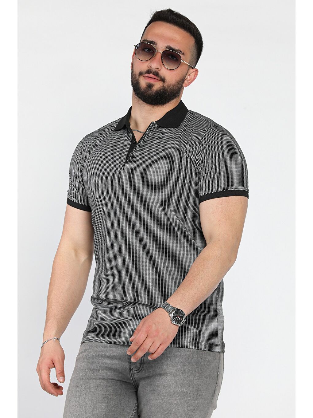 Siyah Erkek Polo Yaka Yarım Düğmeli Tişört-1