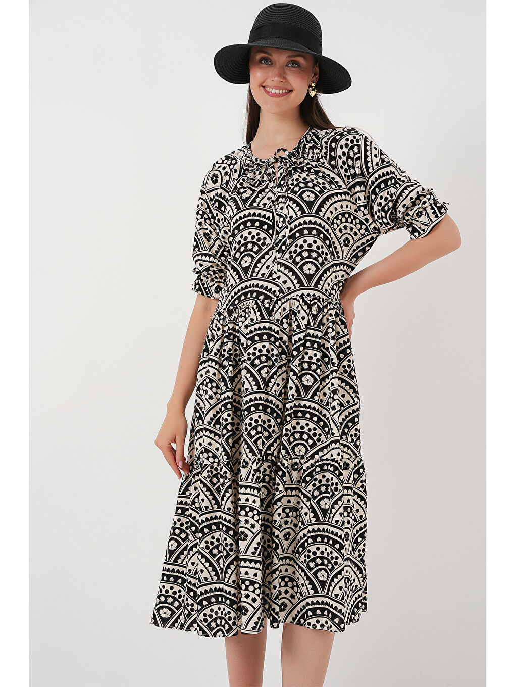 Kadın Kısa Kol Desenli Elbise 2553 - Siyah-1