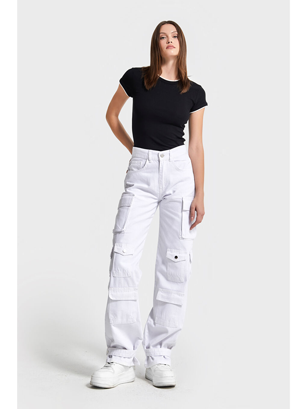 Kadın Beyaz Renk w5-2 Straight Kargo Fit Simli Özel Kumaş Tasarım Denim Jean-1