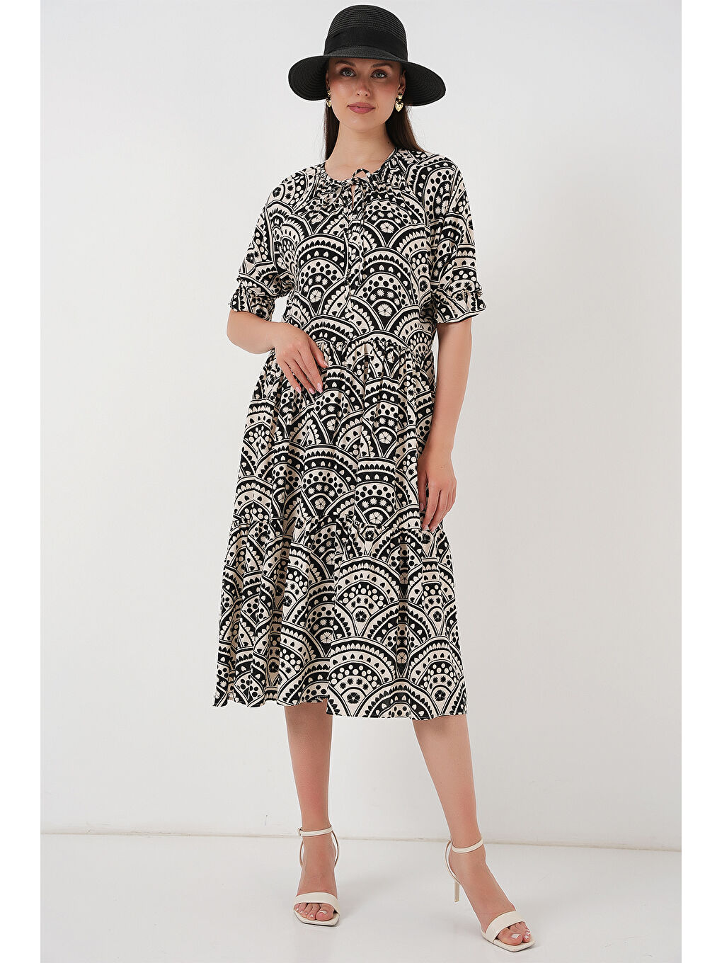 Kadın Kısa Kol Desenli Elbise 2553 - Siyah-2