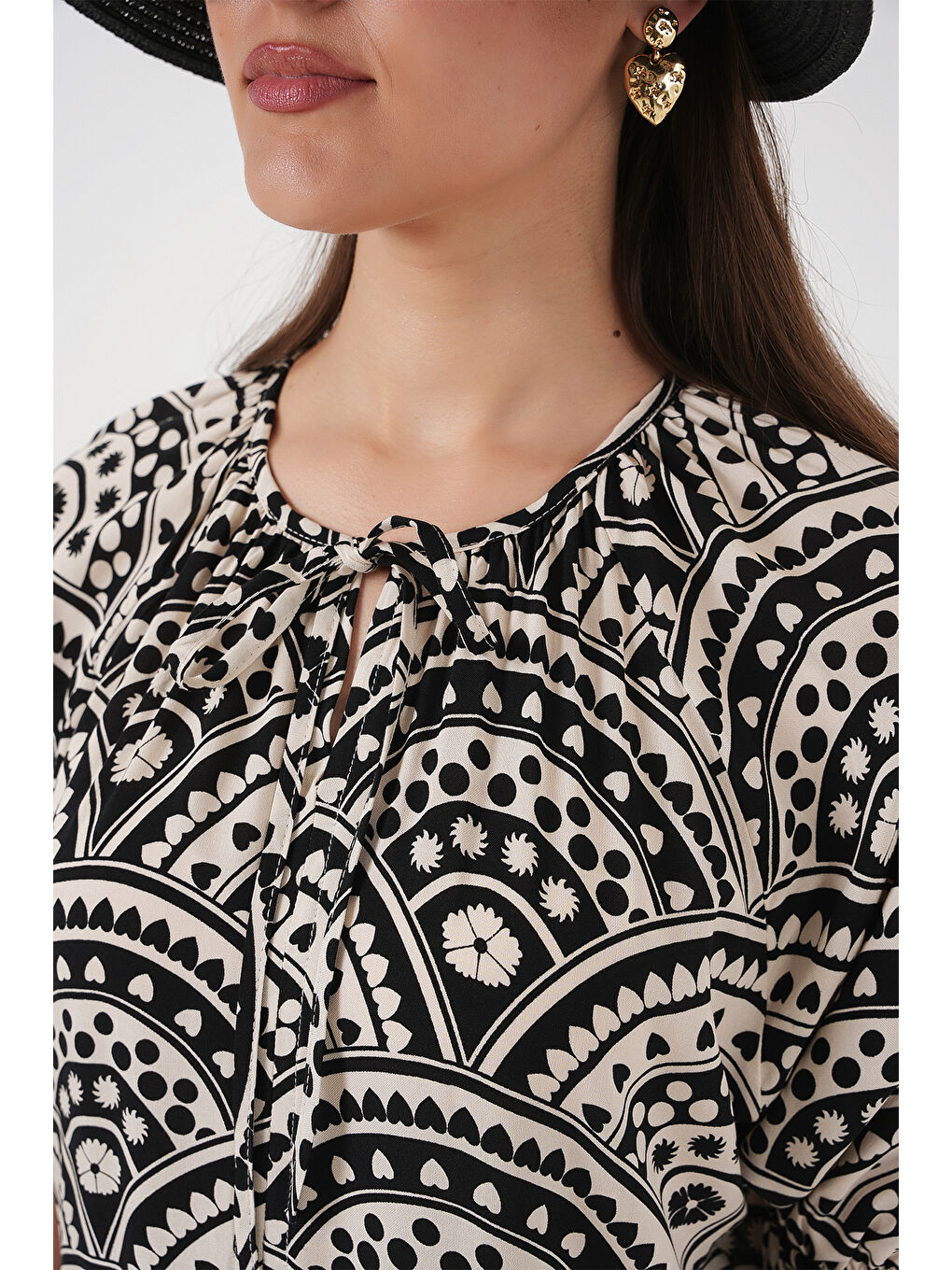 Kadın Kısa Kol Desenli Elbise 2553 - Siyah-3