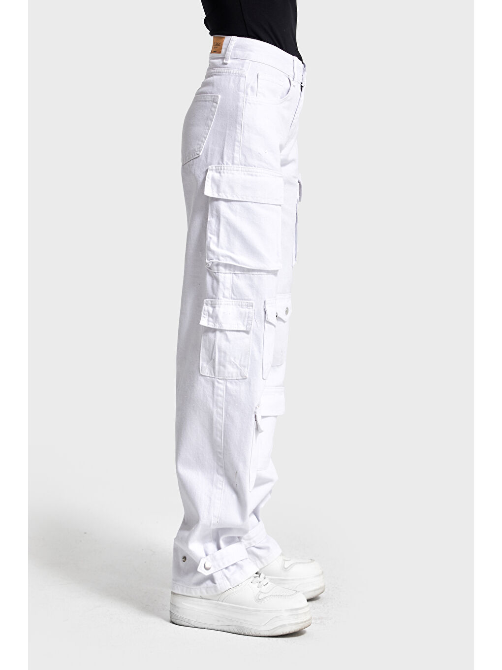 Kadın Beyaz Renk w5-2 Straight Kargo Fit Simli Özel Kumaş Tasarım Denim Jean-2