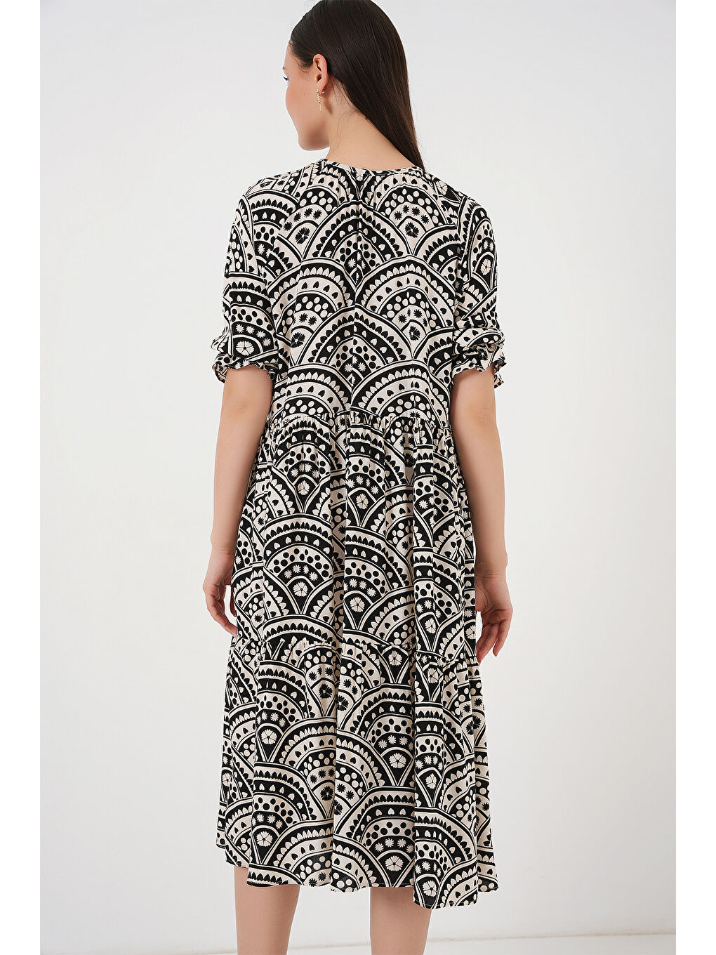 Kadın Kısa Kol Desenli Elbise 2553 - Siyah-4