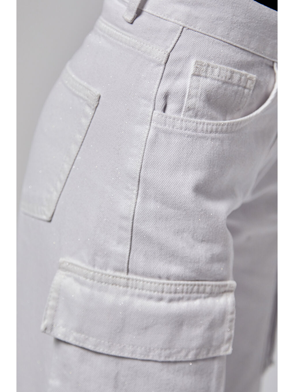 Kadın Beyaz Renk w5-2 Straight Kargo Fit Simli Özel Kumaş Tasarım Denim Jean-3