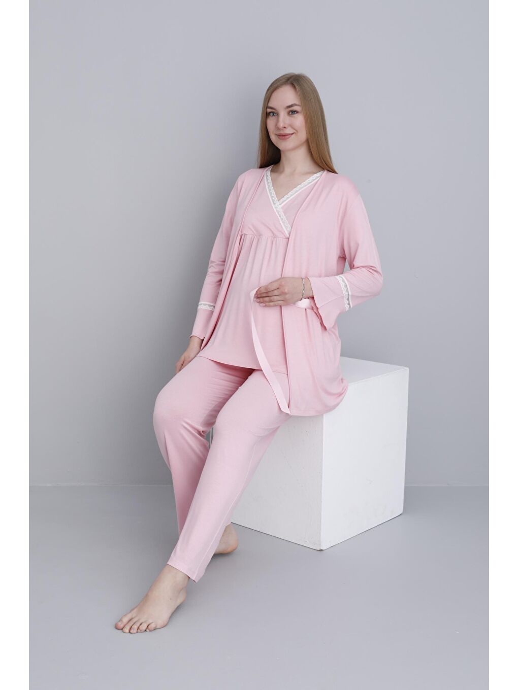 Pembe Pudra Dantel Şeritli V Yaka Sabahlıklı Hamile ve Lohusa Pijama Takımı-2