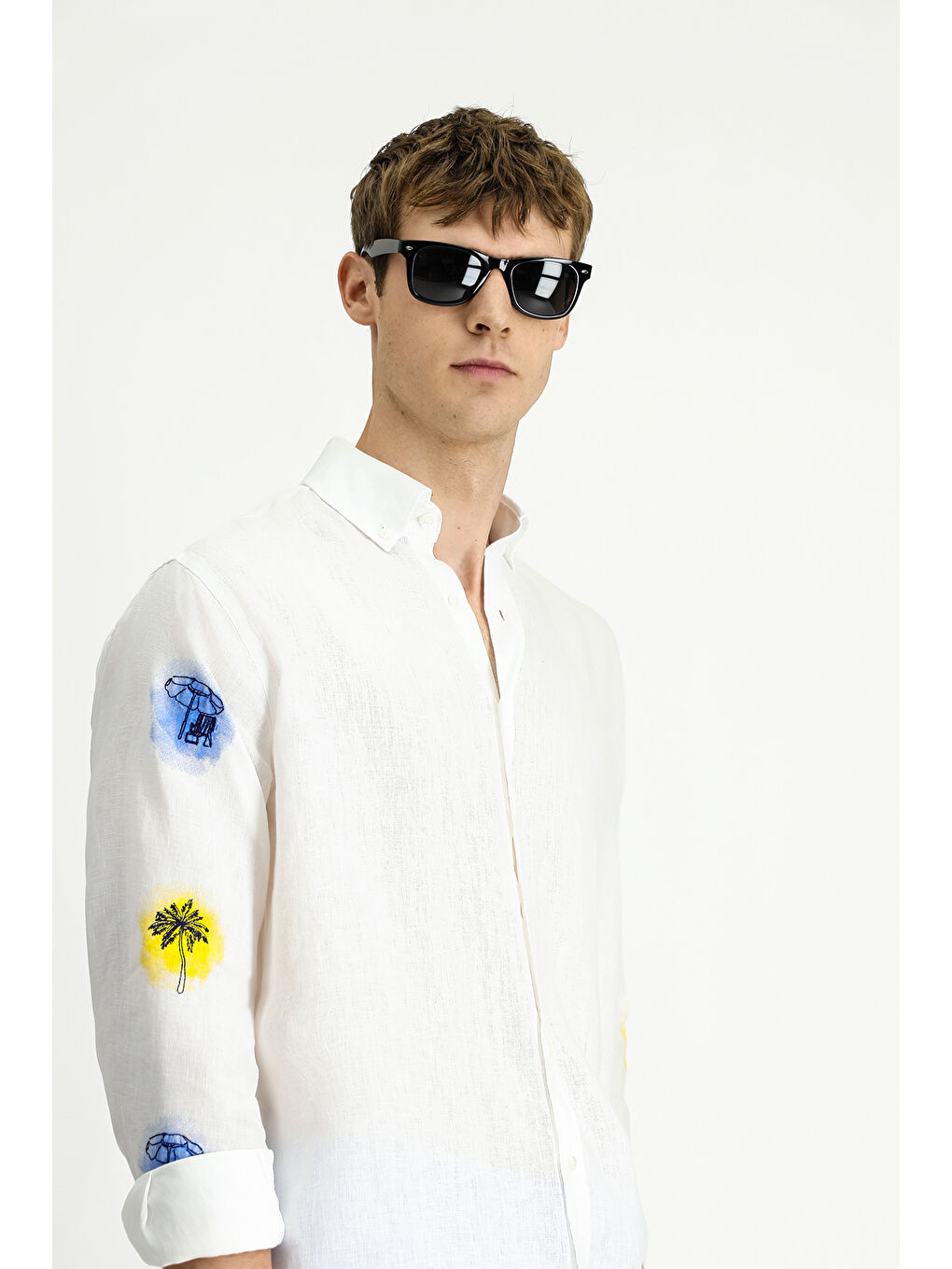 Beyaz Uzun Kol Regular Fit Desenli Keten Gömlek-2