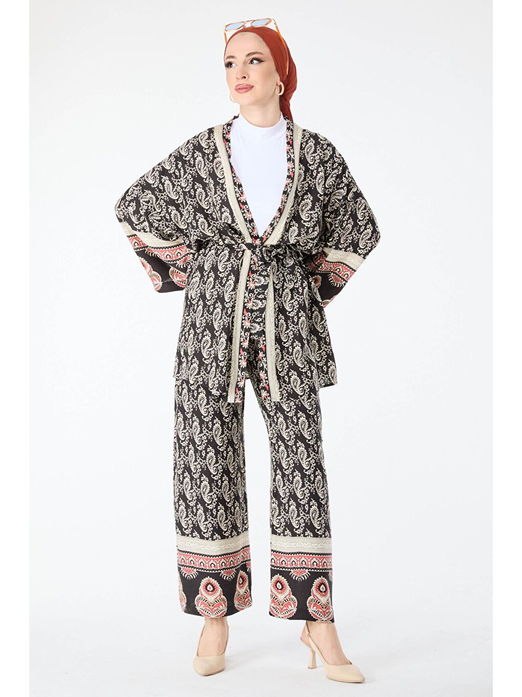 Ceket Yaka Kadın Siyah Desenli Kimono Pantolon - 24313