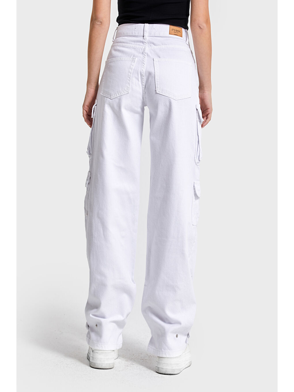 Kadın Beyaz Renk w5-2 Straight Kargo Fit Simli Özel Kumaş Tasarım Denim Jean-4