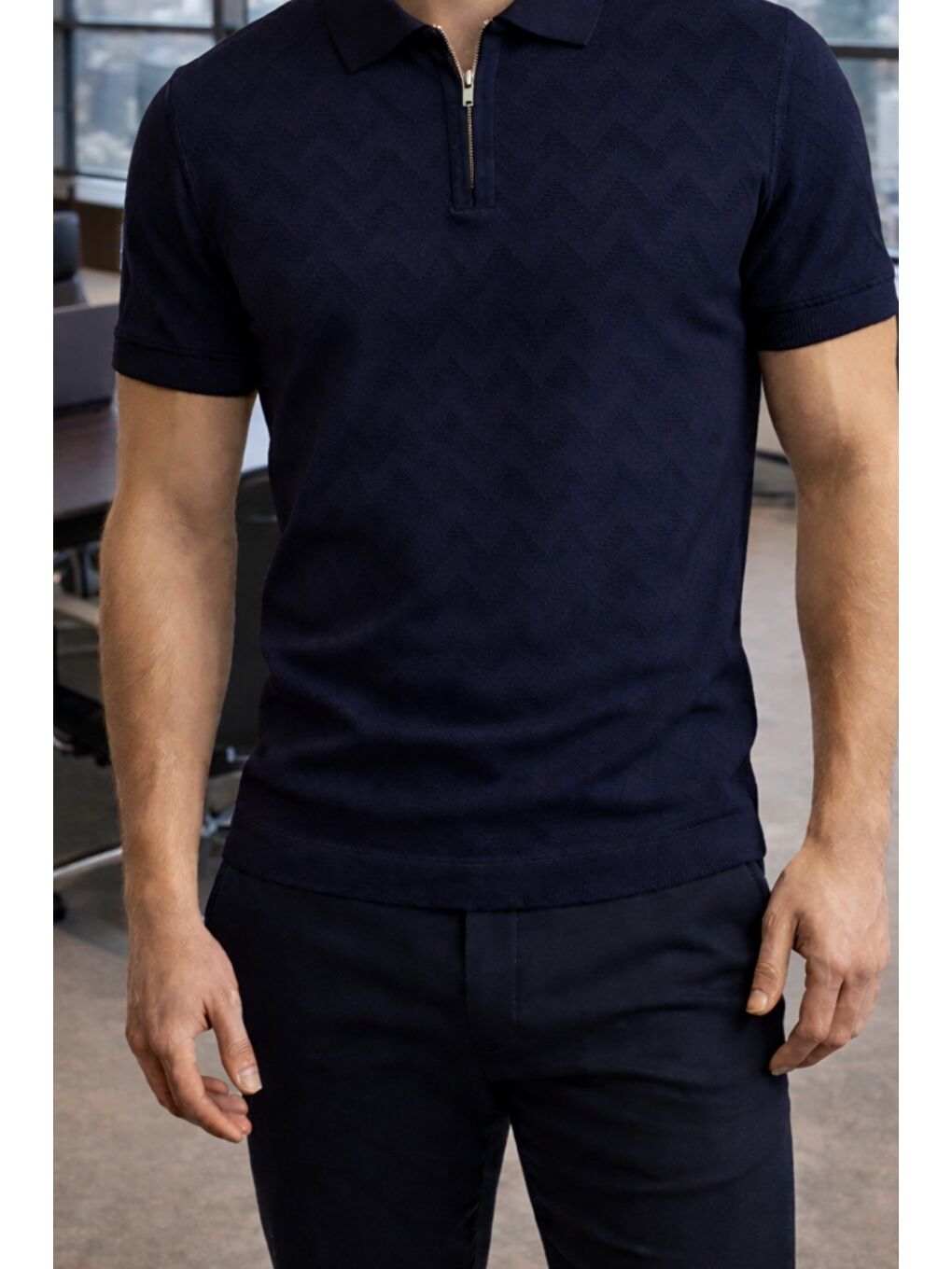 Lacivert Erkek Slim Fit Fermuarlı Polo Yaka Triko Tişört-1