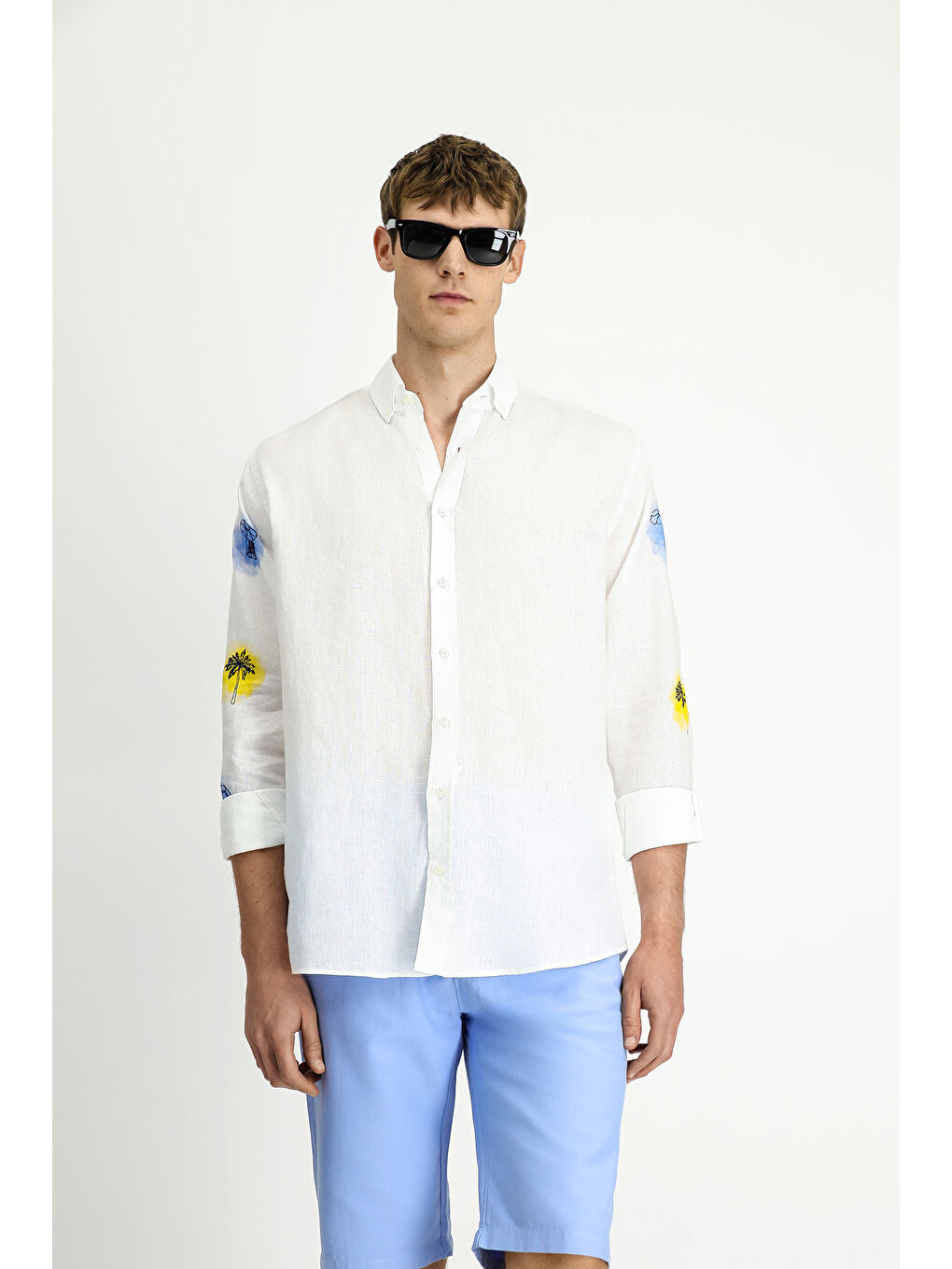 Beyaz Uzun Kol Regular Fit Desenli Keten Gömlek-3