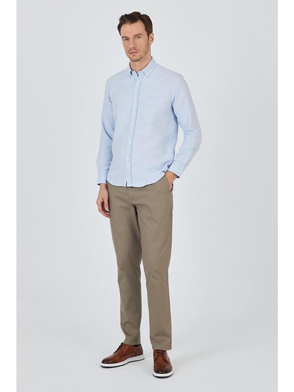 Mavi Uzun Kol Desenli Armürlü Düğmeli Yaka Cepsiz Pamuklu Classic Slim Fit Gömlek 1004250205-1