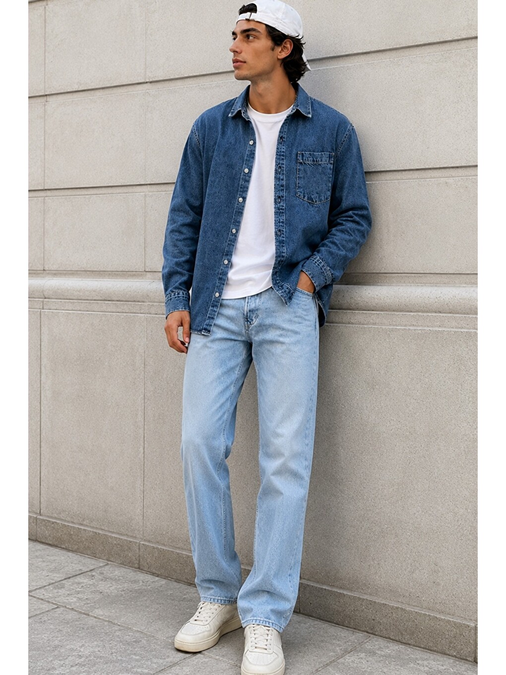 Lacivert Erkek Regular Denim Gömlek – Yıkamalı Jean Uzun Kollu Cepli Jean Gömlek-1