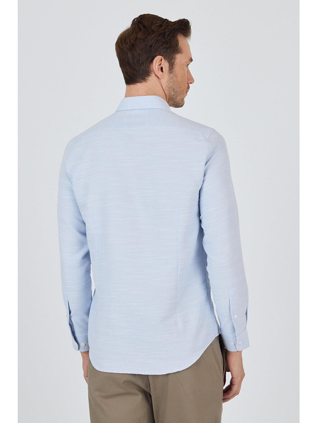 Mavi Uzun Kol Desenli Armürlü Düğmeli Yaka Cepsiz Pamuklu Classic Slim Fit Gömlek 1004250205-2