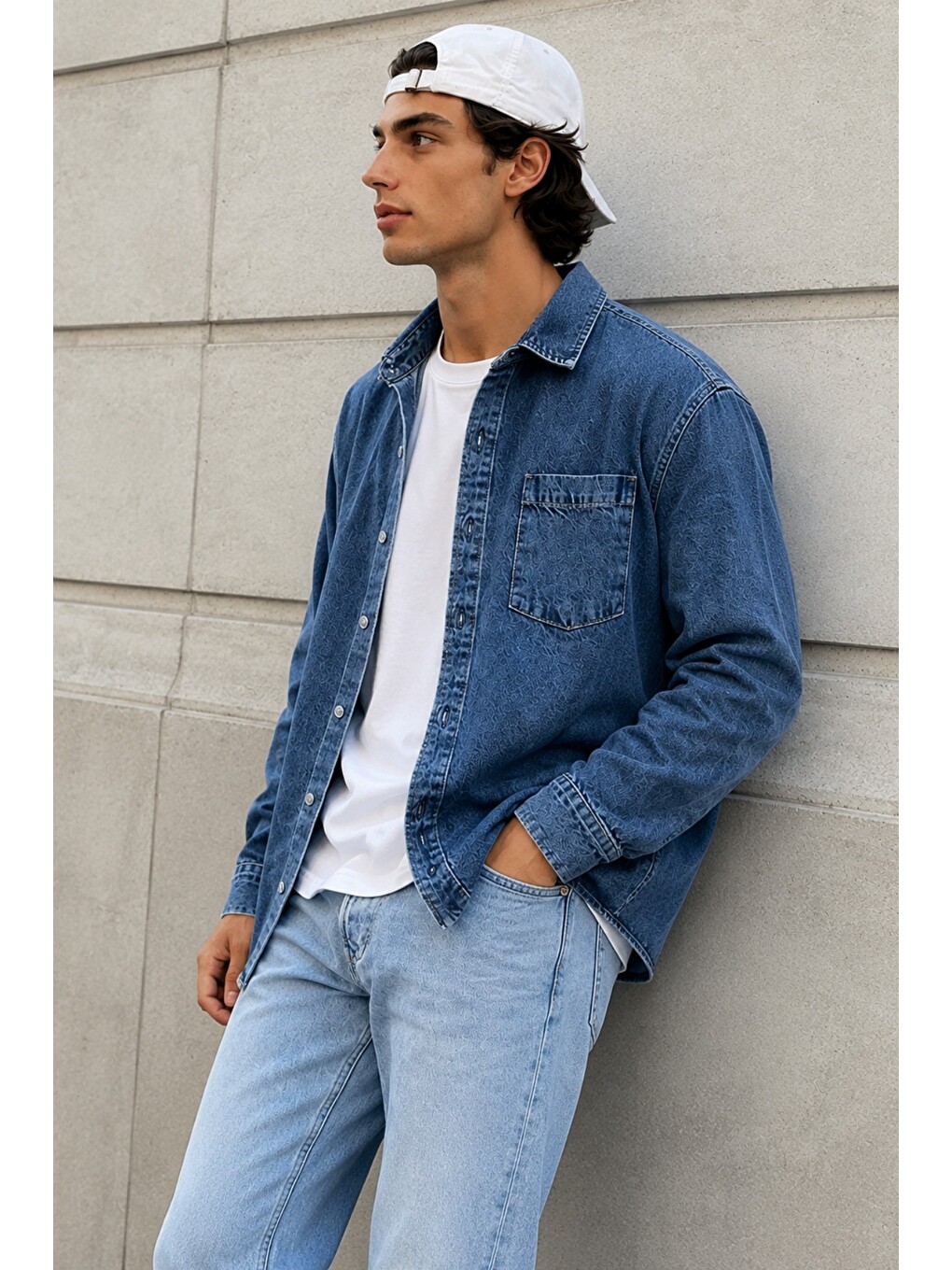 Lacivert Erkek Regular Denim Gömlek – Yıkamalı Jean Uzun Kollu Cepli Jean Gömlek-2