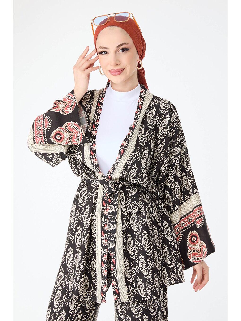Ceket Yaka Kadın Siyah Desenli Kimono Pantolon - 24313-1
