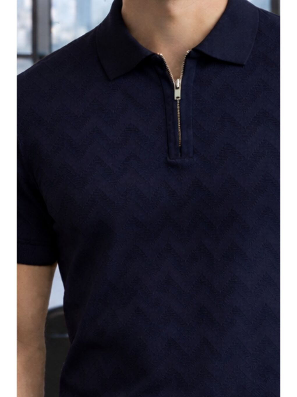 Lacivert Erkek Slim Fit Fermuarlı Polo Yaka Triko Tişört-2