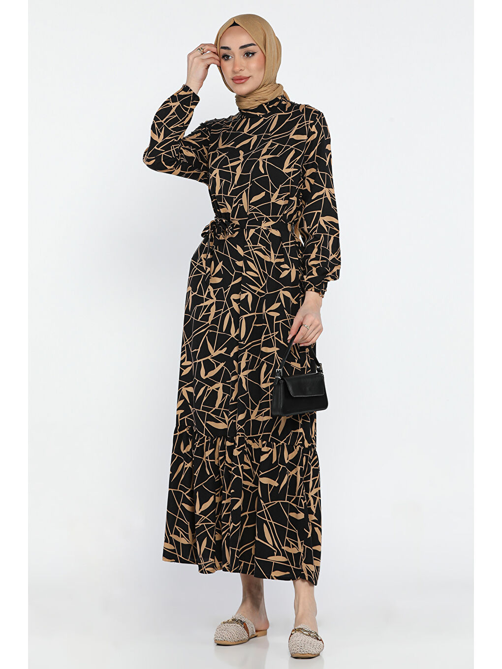 Siyah Desenli Bel Bağlamalı Tesettür Viskon Elbise-2