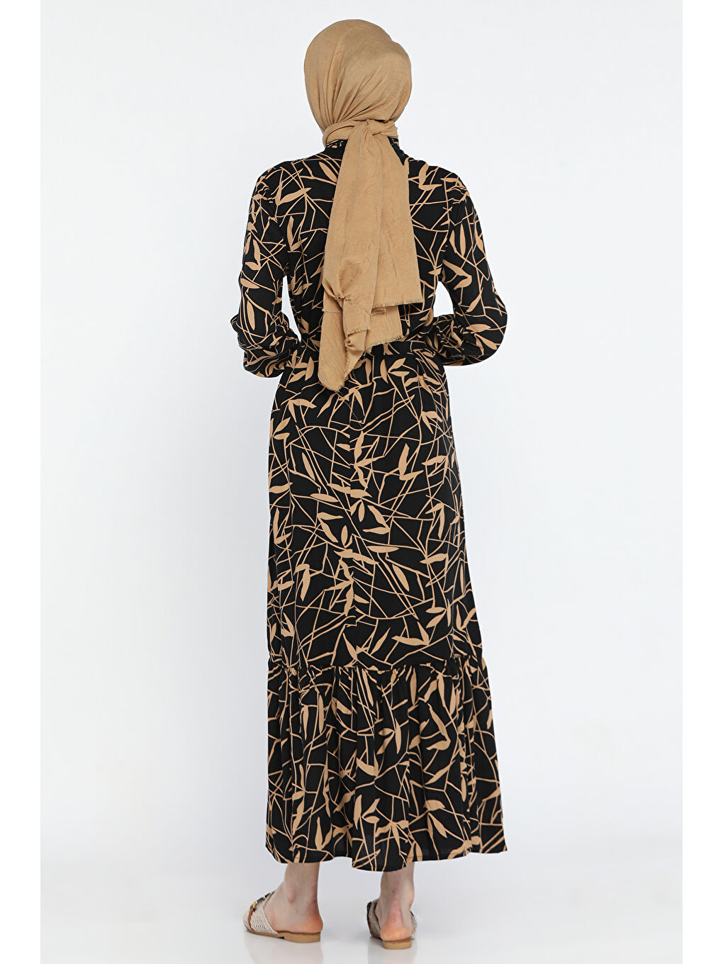 Siyah Desenli Bel Bağlamalı Tesettür Viskon Elbise-4
