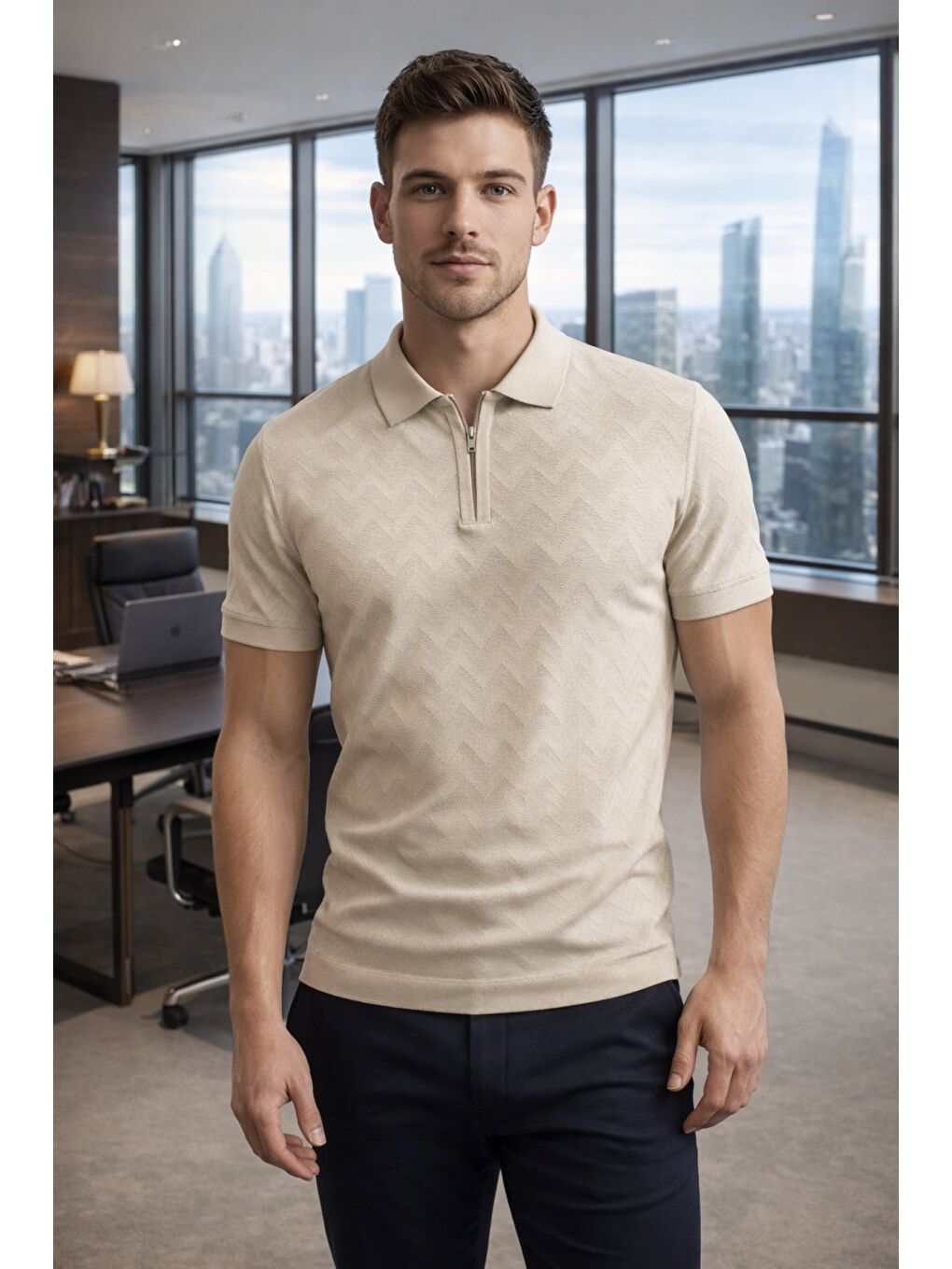 Bej Erkek Slim Fit Fermuarlı Polo Yaka Triko Tişört