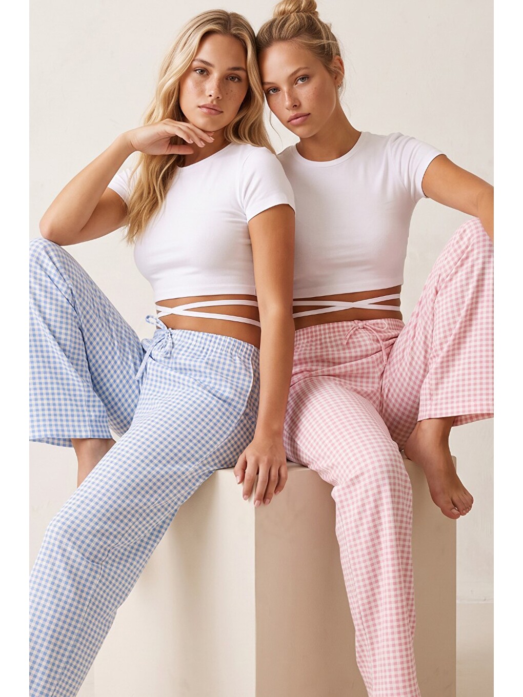 Pembe 2'li Fiyonk Desenli Yumuşak Tuşe Kışlık Örme Tek Alt Pijama Altı 8074-2