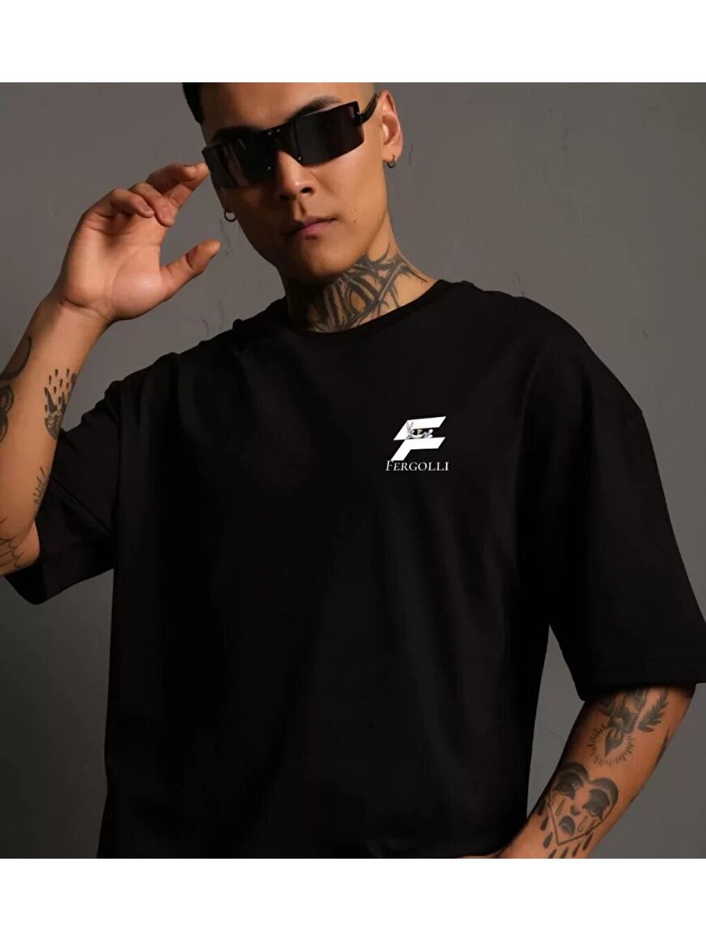 Unisex Bisiklet Yaka Baskılı Oversize T-Shirt - Siyah-1