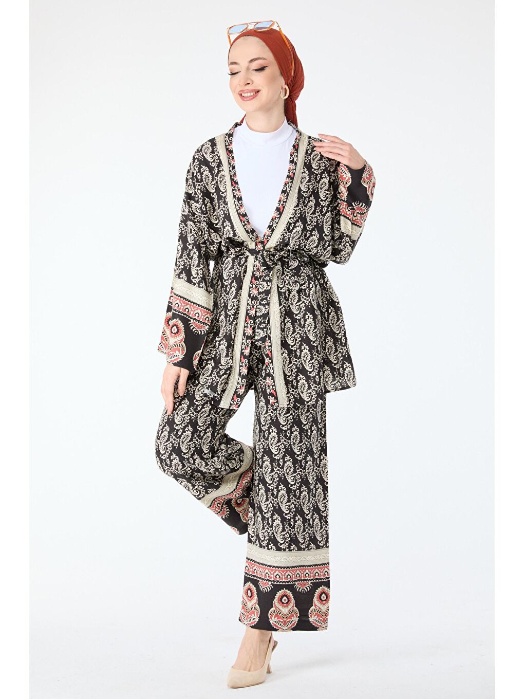 Ceket Yaka Kadın Siyah Desenli Kimono Pantolon - 24313-2