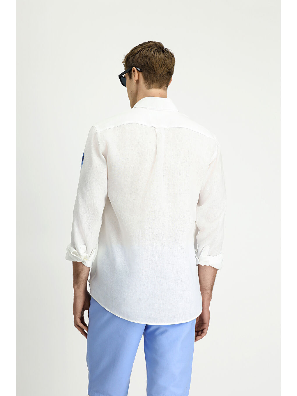 Beyaz Uzun Kol Regular Fit Desenli Keten Gömlek-5