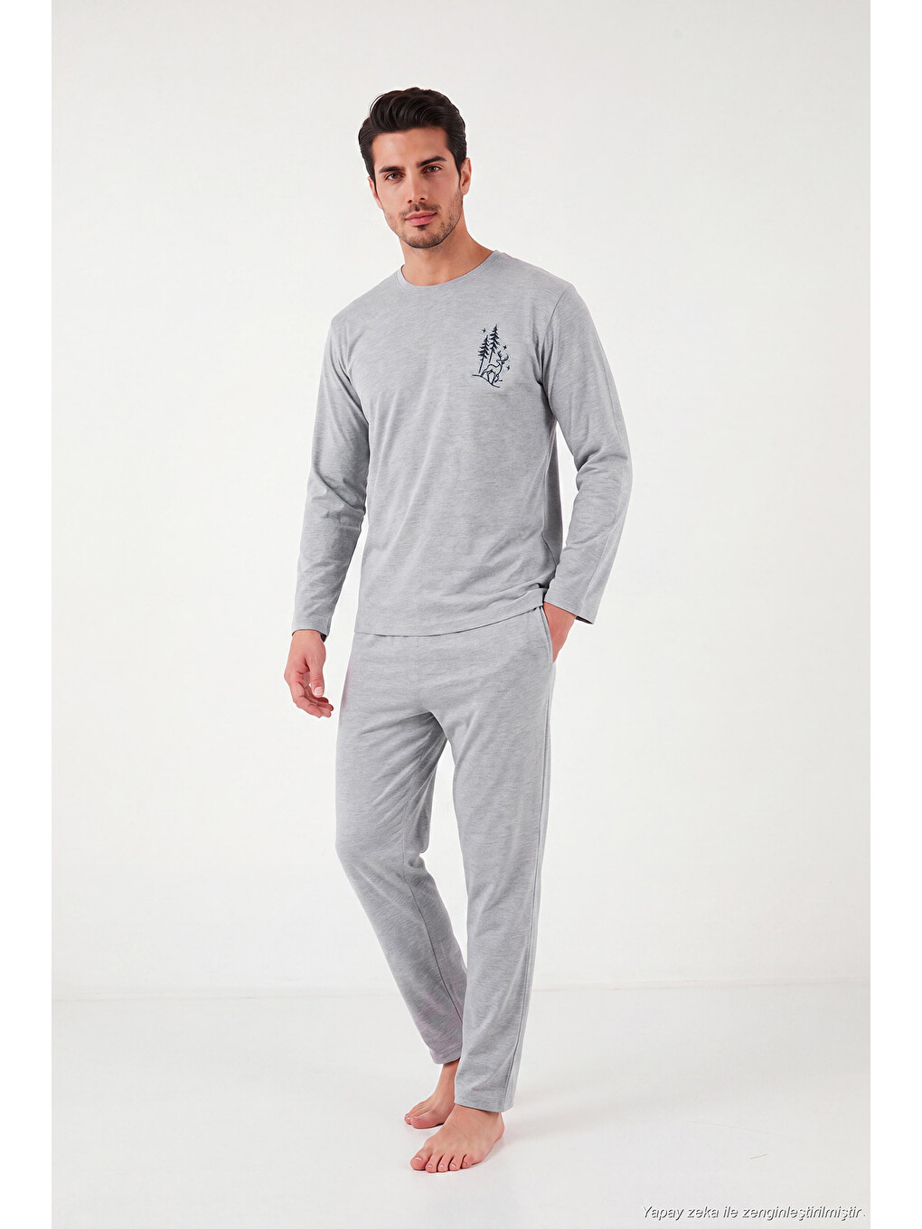Gri Minimal Baskılı Pamuklu Uzun Kollu Pijama Takımı 6575005-1