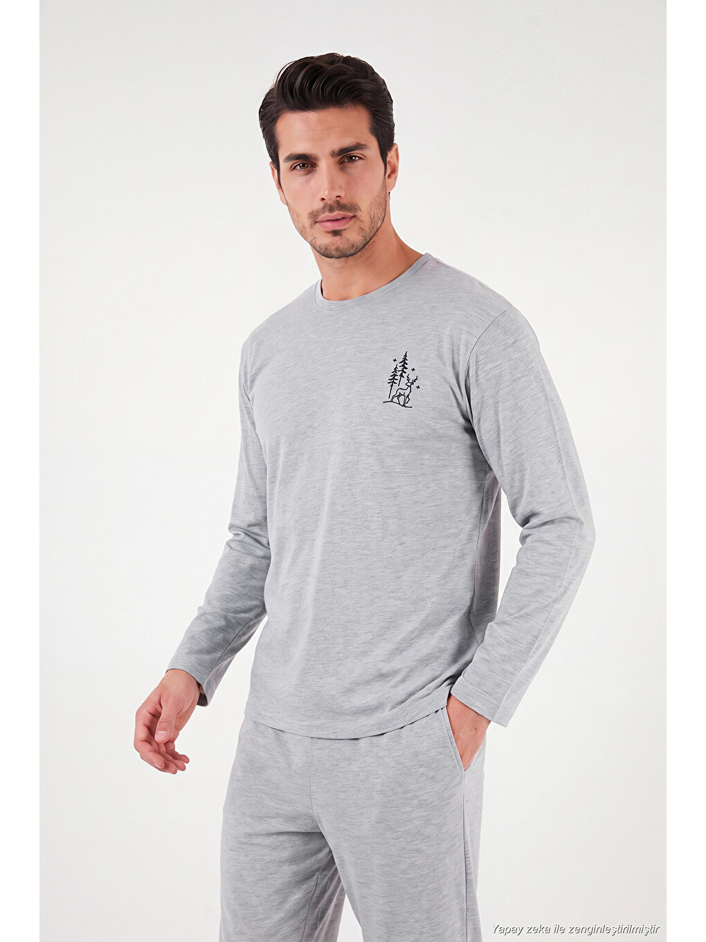 Gri Minimal Baskılı Pamuklu Uzun Kollu Pijama Takımı 6575005-2