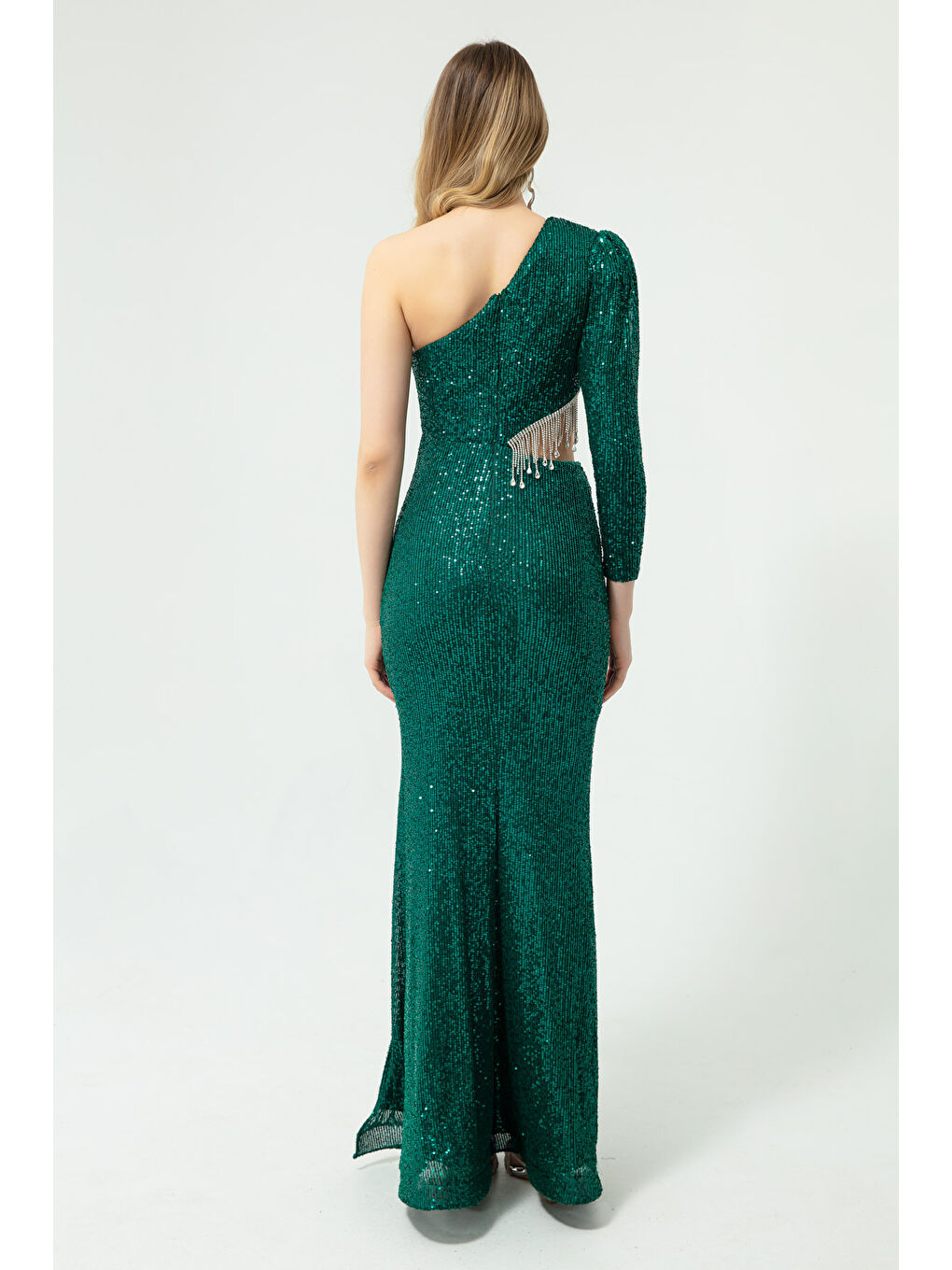 Kadın Zümrüt Yeşili Tek Kol Payetli ve Taşlı Uzun Abiye Elbise-4