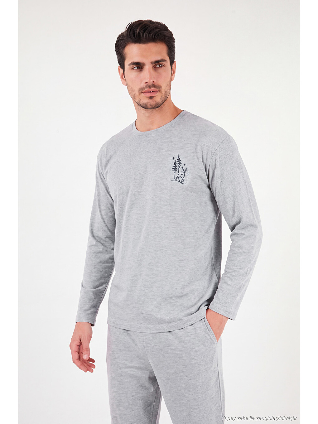 Gri Minimal Baskılı Pamuklu Uzun Kollu Pijama Takımı 6575005-3