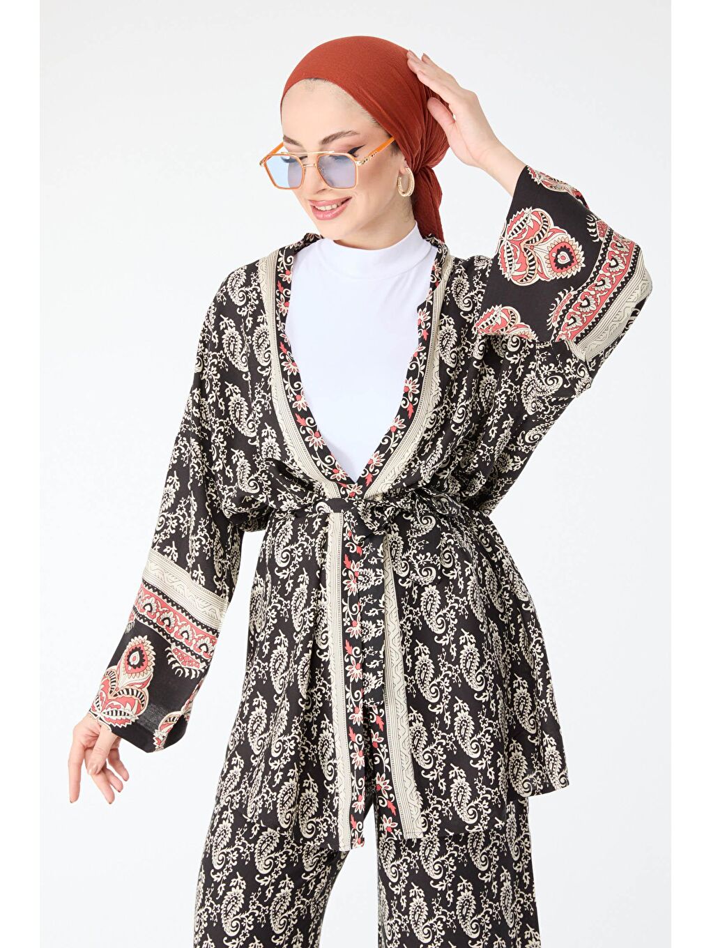 Ceket Yaka Kadın Siyah Desenli Kimono Pantolon - 24313-3