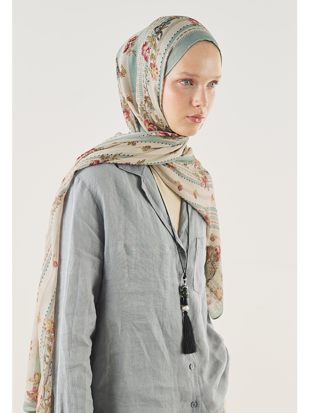 Floral Touch Desen Soft Viskon Şal Açık Mavi-2