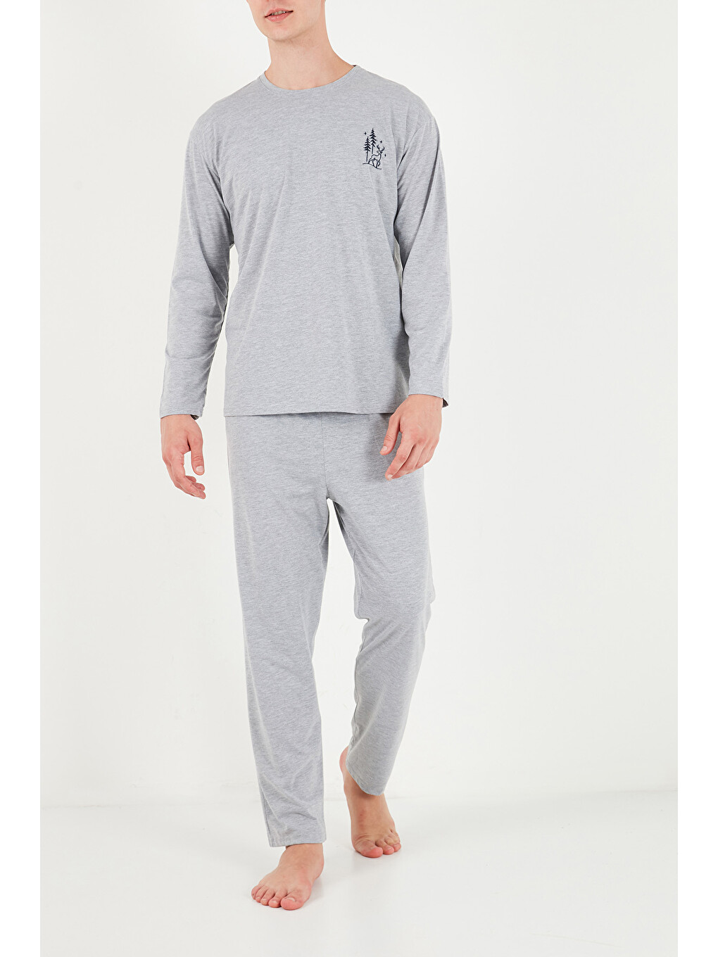 Gri Minimal Baskılı Pamuklu Uzun Kollu Pijama Takımı 6575005-4