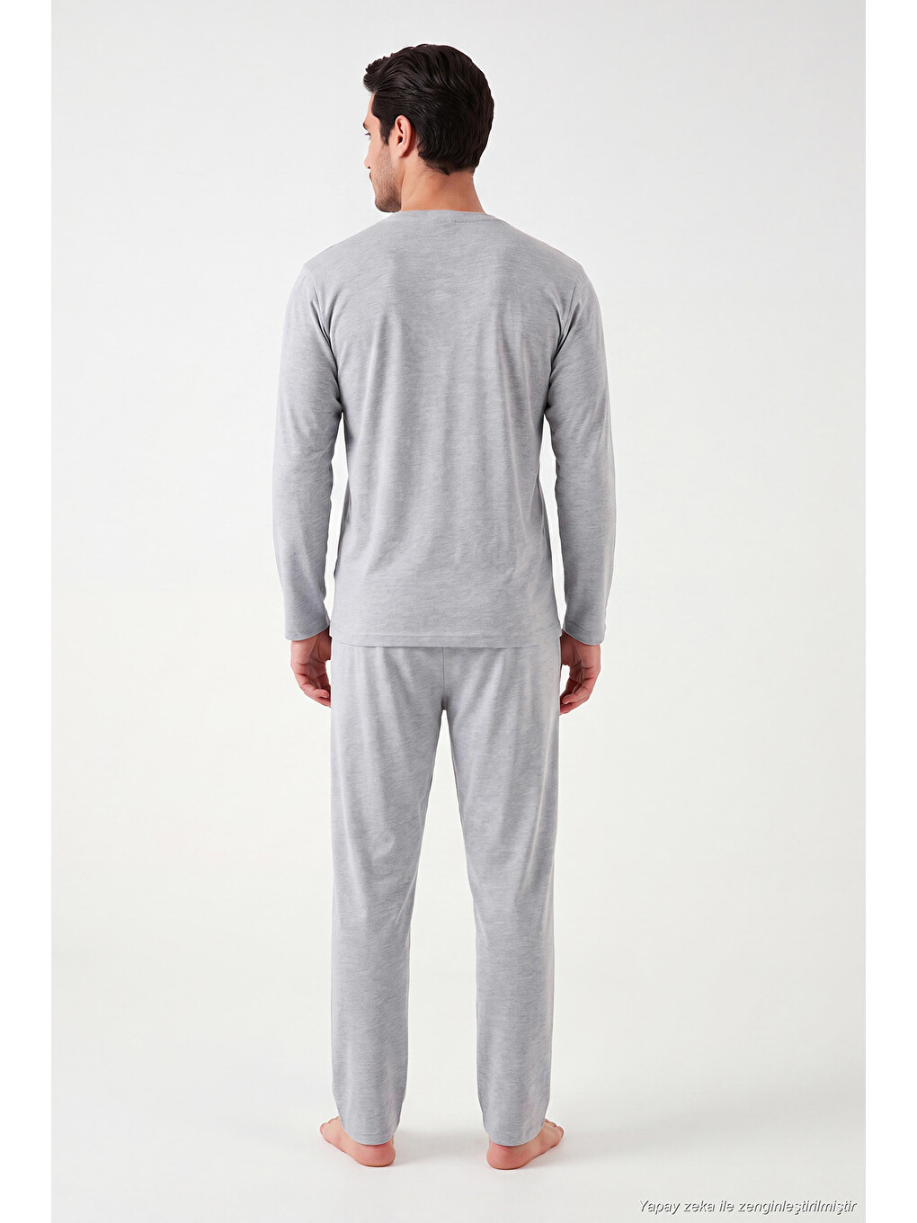 Gri Minimal Baskılı Pamuklu Uzun Kollu Pijama Takımı 6575005-6