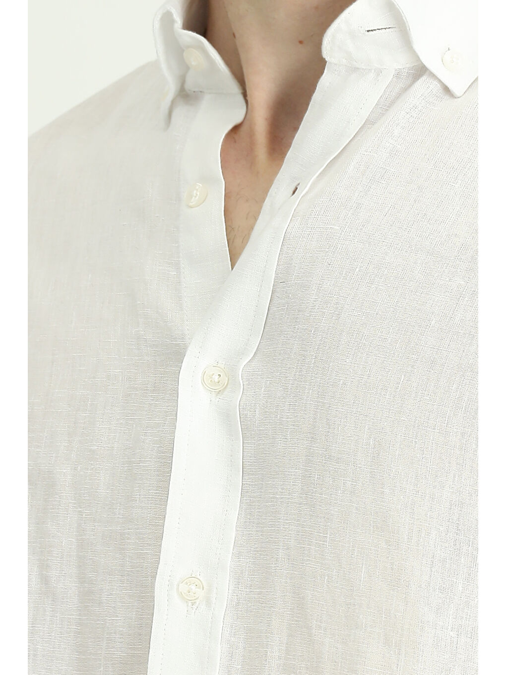 Beyaz Uzun Kol Regular Fit Desenli Keten Gömlek-6