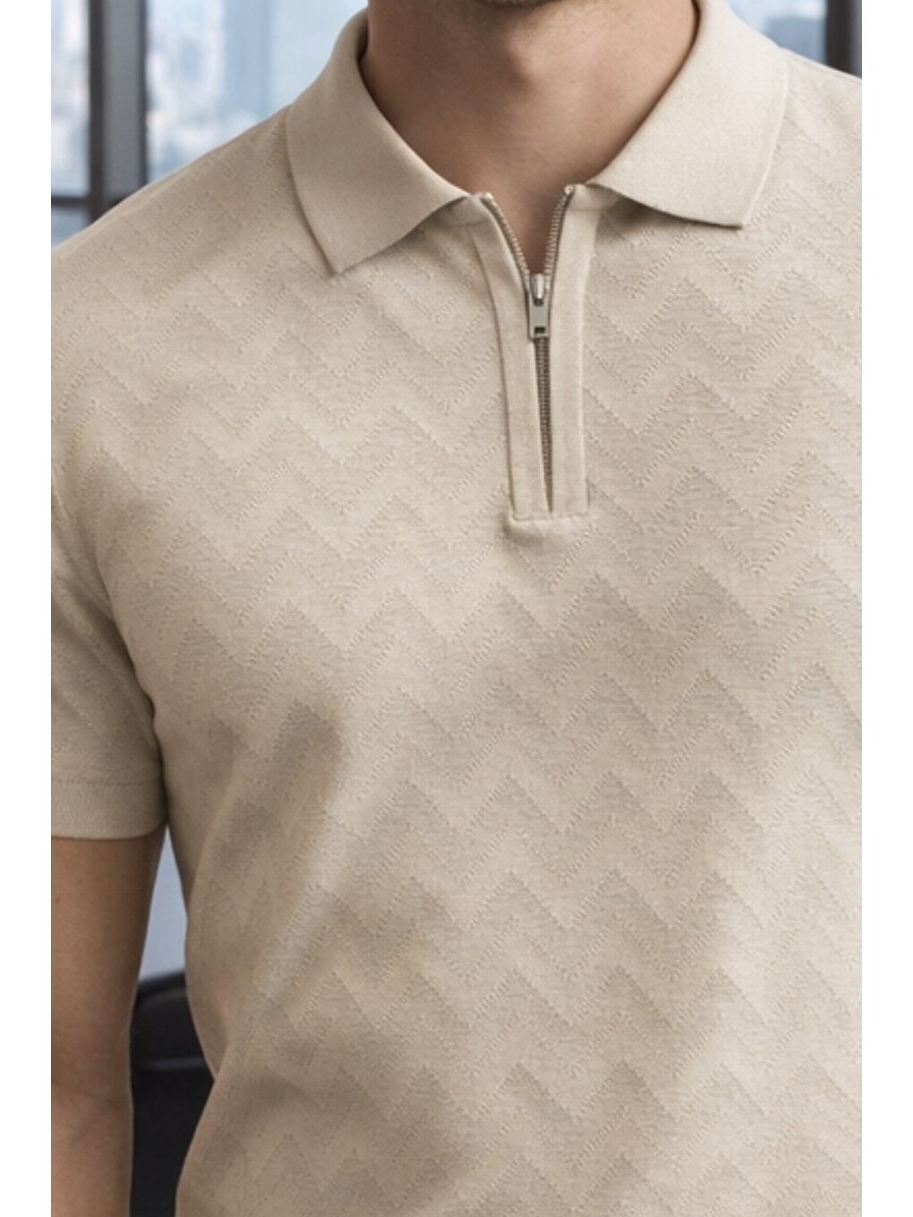 Bej Erkek Slim Fit Fermuarlı Polo Yaka Triko Tişört-1