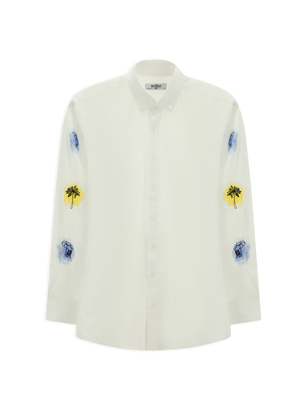 Beyaz Uzun Kol Regular Fit Desenli Keten Gömlek-7