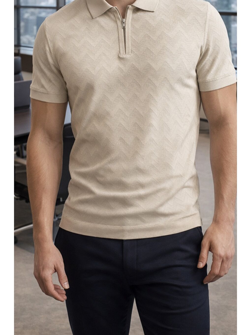 Bej Erkek Slim Fit Fermuarlı Polo Yaka Triko Tişört-2