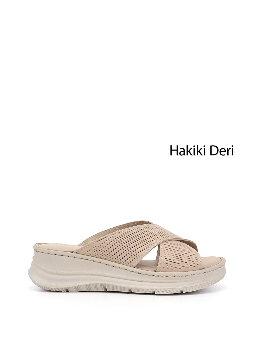 Bej Kadın YENİ BEJ Dolgu Taban Hakiki Deri Terlik