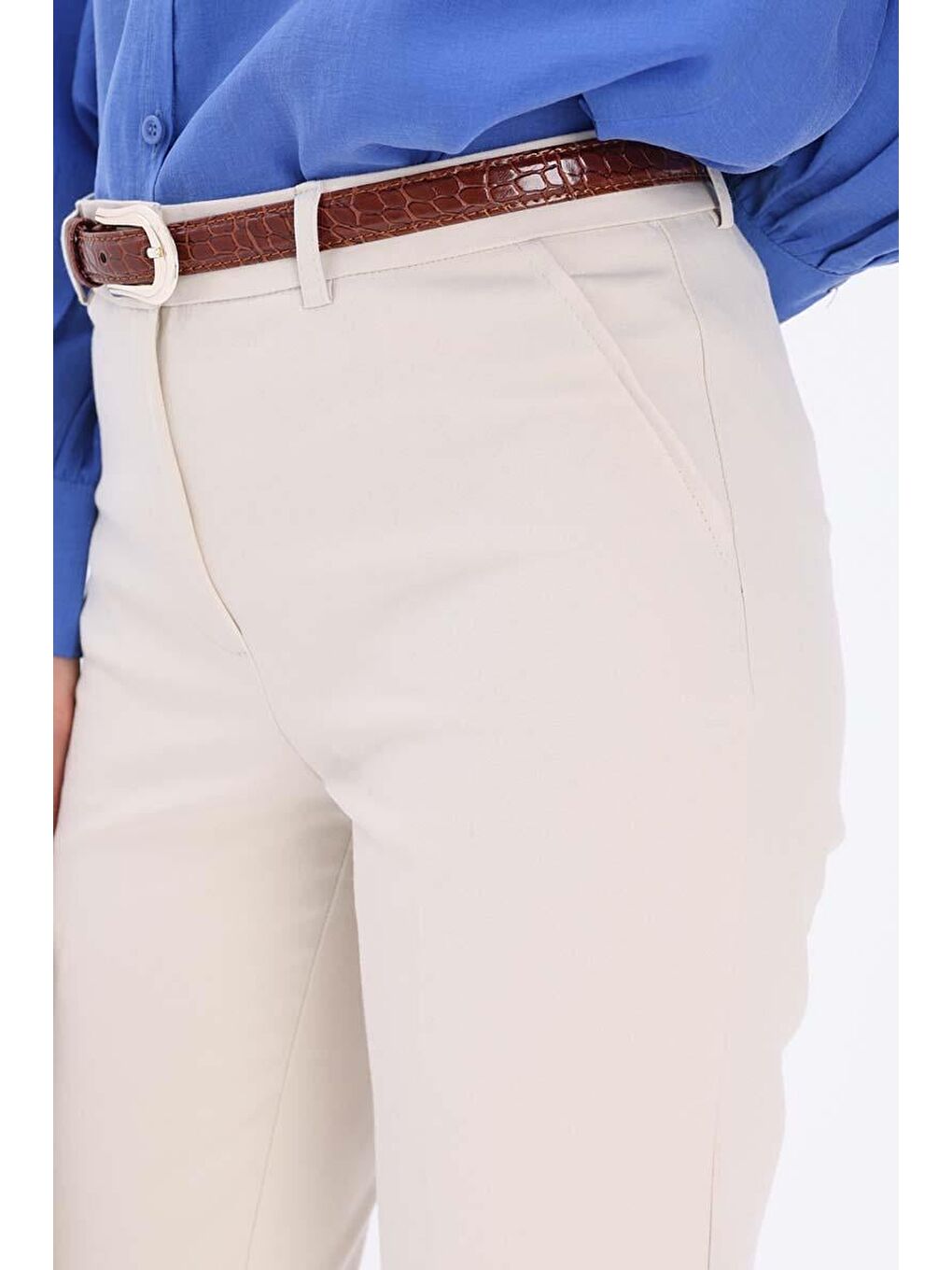 Açık Bej-Pamuklu Duble Paça Dar Kesim Pantolon-3