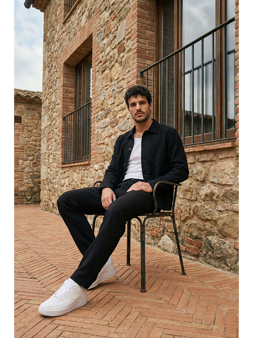 Siyah Talbot Premium Keten Desenli Düğmeli Ceket Pantolon Erkek Takım Relax Kalıp-1