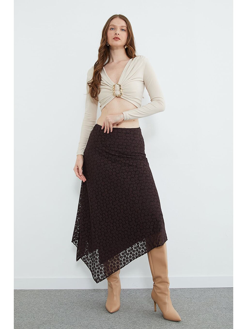Kahverengi Dantelli Beli Fermuarlı Asimetrik Kesim Etek-1