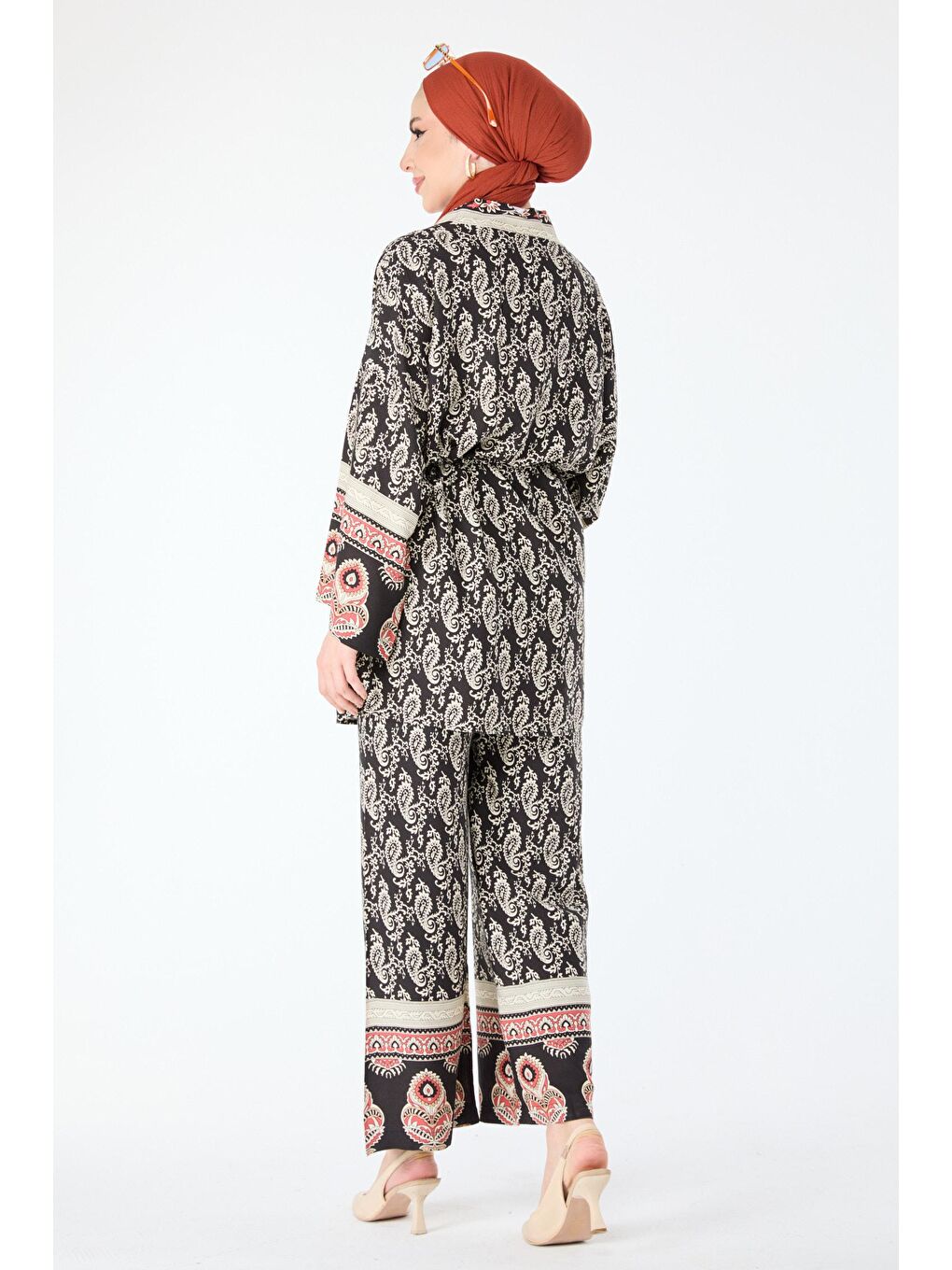 Ceket Yaka Kadın Siyah Desenli Kimono Pantolon - 24313-5