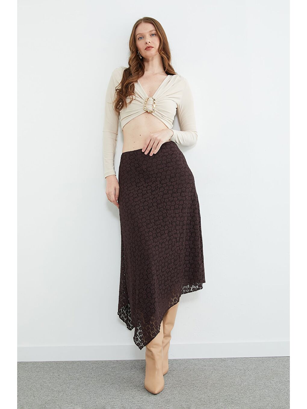 Kahverengi Dantelli Beli Fermuarlı Asimetrik Kesim Etek-2