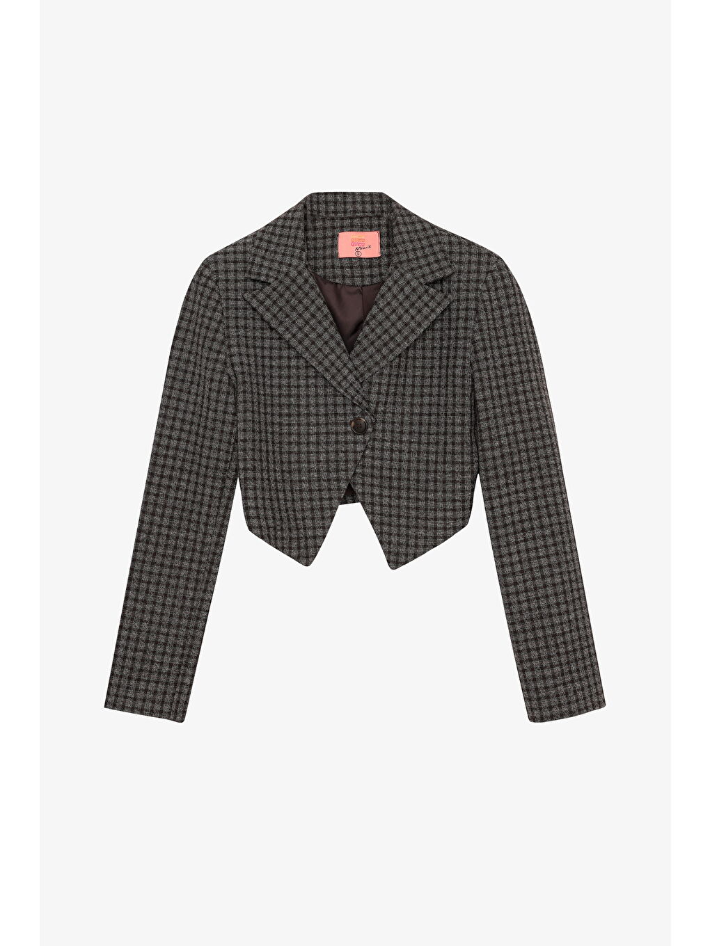 Ekose Tek Düğmeli Crop Blazer Ceket Kahverengi