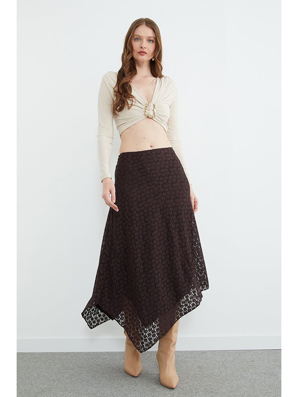 Kahverengi Dantelli Beli Fermuarlı Asimetrik Kesim Etek-3