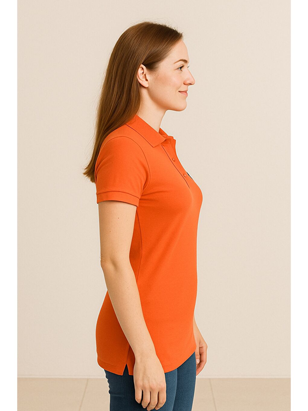Turuncu Kadın Kısa Kollu Slim Fit Basic Polo Yaka Tişört-1