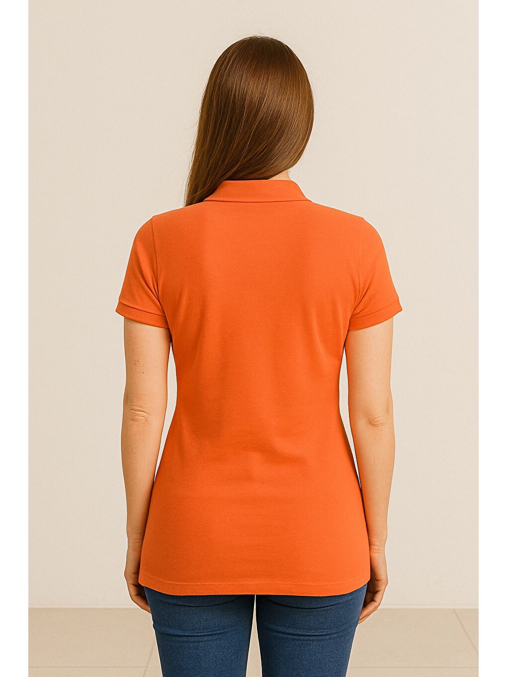 Turuncu Kadın Kısa Kollu Slim Fit Basic Polo Yaka Tişört-2