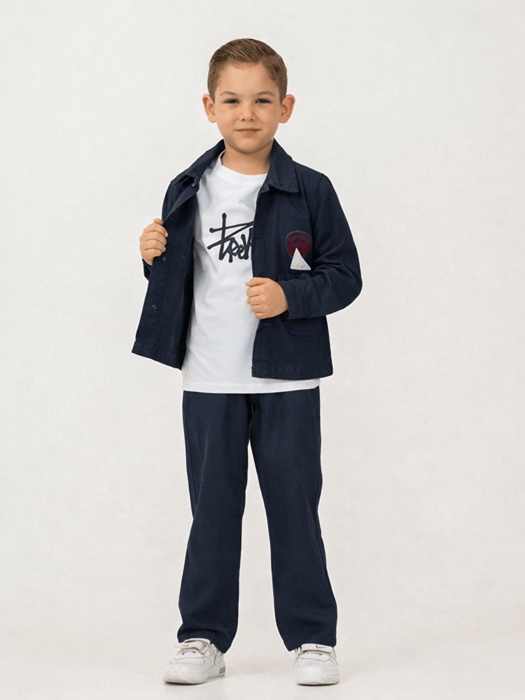Lacivert Pamuklu Ceket Pantolon Tişörtlü Erkek Çocuk 3lü Jean Takım-1
